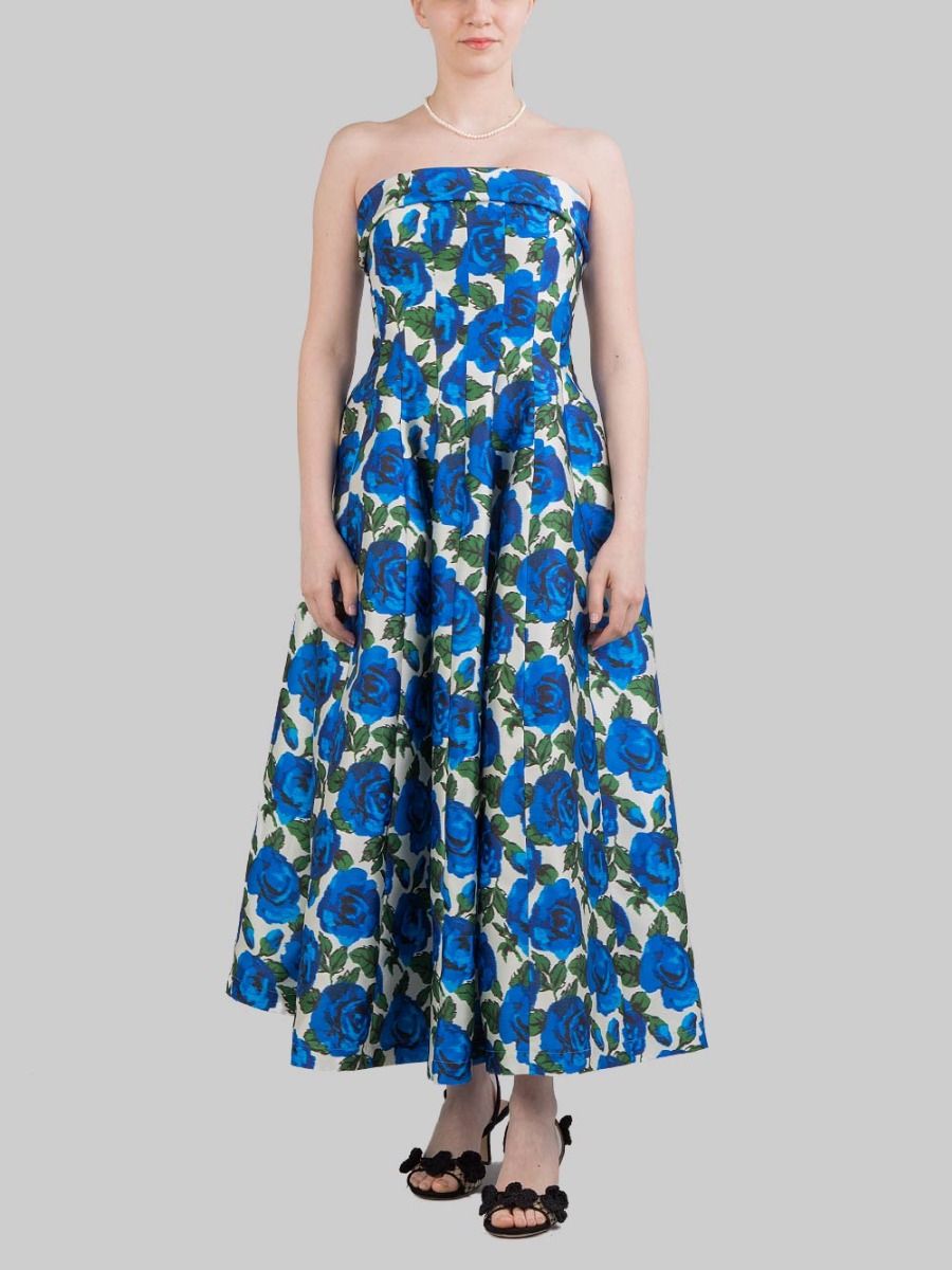 BLUE ROSE PATTERN SLEEVELESS BUSTIER MIDI DRESS