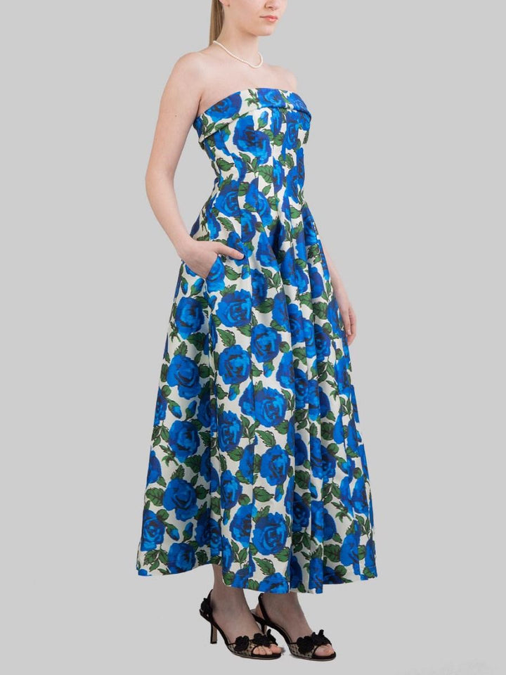 BLUE ROSE PATTERN SLEEVELESS BUSTIER MIDI DRESS