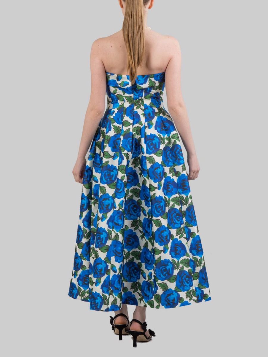 BLUE ROSE PATTERN SLEEVELESS BUSTIER MIDI DRESS