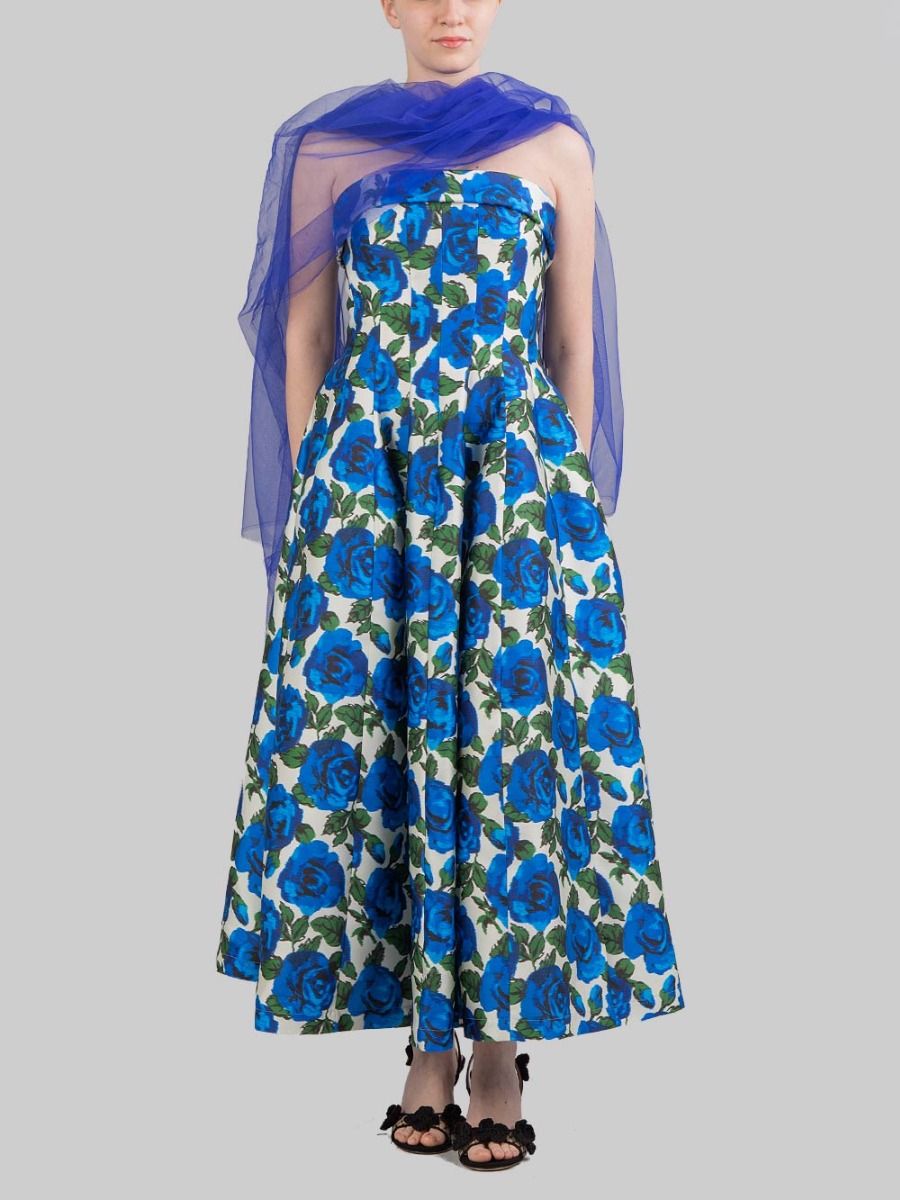 BLUE ROSE PATTERN SLEEVELESS BUSTIER MIDI DRESS