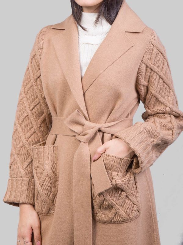 Buy CAMEL ROBE COAT WITH WOVEN KNIT INSERTS AND WAIST BELT by D.EXTERIOR on DONNASTORE