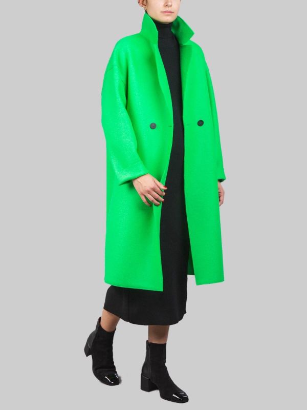 Buy OVERSIZED BRIGHT GREEN DOUBLE BREASTED COAT IN PRESSED VIRGIN WOOL by HARRIS WHARF LONDON on DONNASTORE