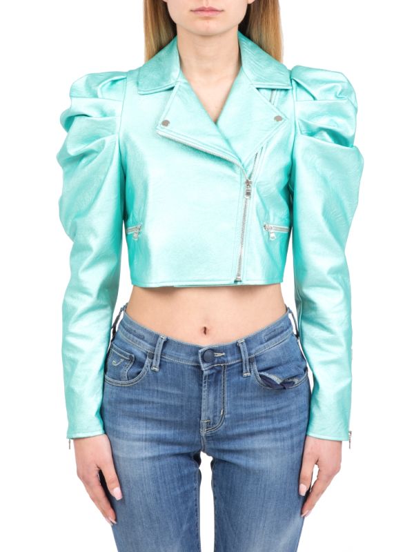 SHORT LAMINATED ECO-LEATHER JACKET IN AQUA GREEN