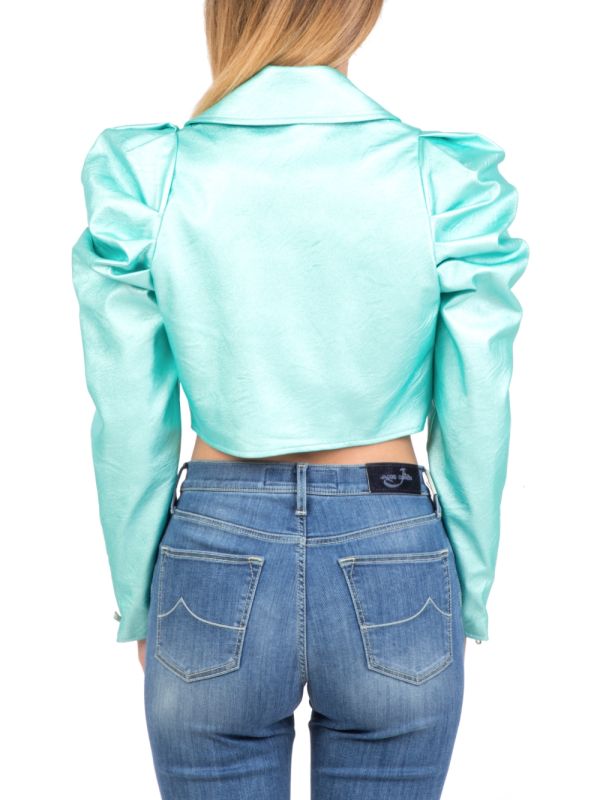 SHORT LAMINATED ECO-LEATHER JACKET IN AQUA GREEN