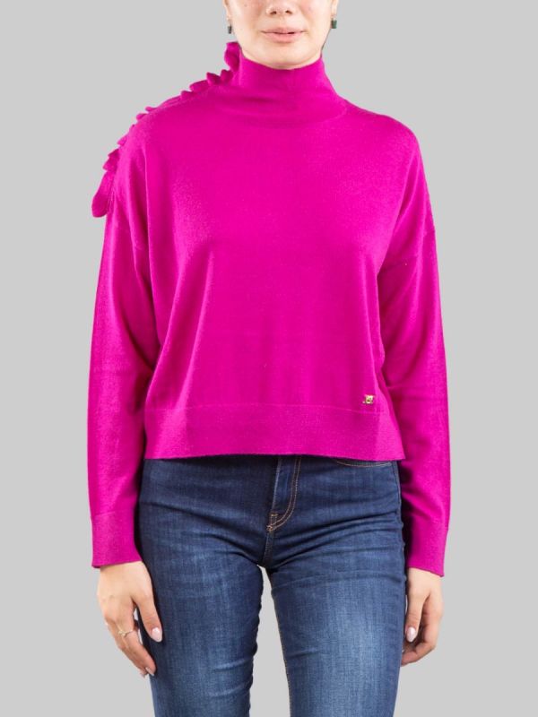 PURPLE WOOL TURTLENECK SWEATER WITH DECORATIVE RUFFLE ON THE SHOULDER