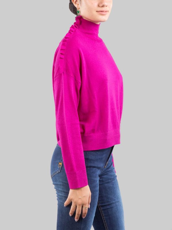 PURPLE WOOL TURTLENECK SWEATER WITH DECORATIVE RUFFLE ON THE SHOULDER