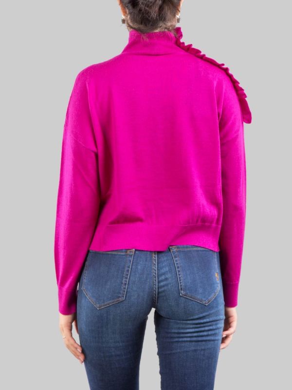 PURPLE WOOL TURTLENECK SWEATER WITH DECORATIVE RUFFLE ON THE SHOULDER