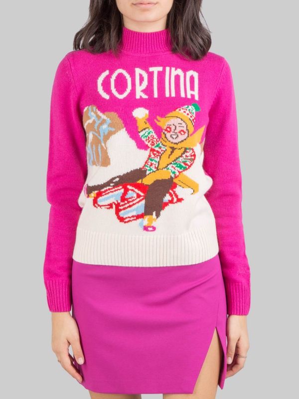 MAGLIONE CON COLLO A LUPETTO FUCSIA CON GRAFICA "CORTINA"