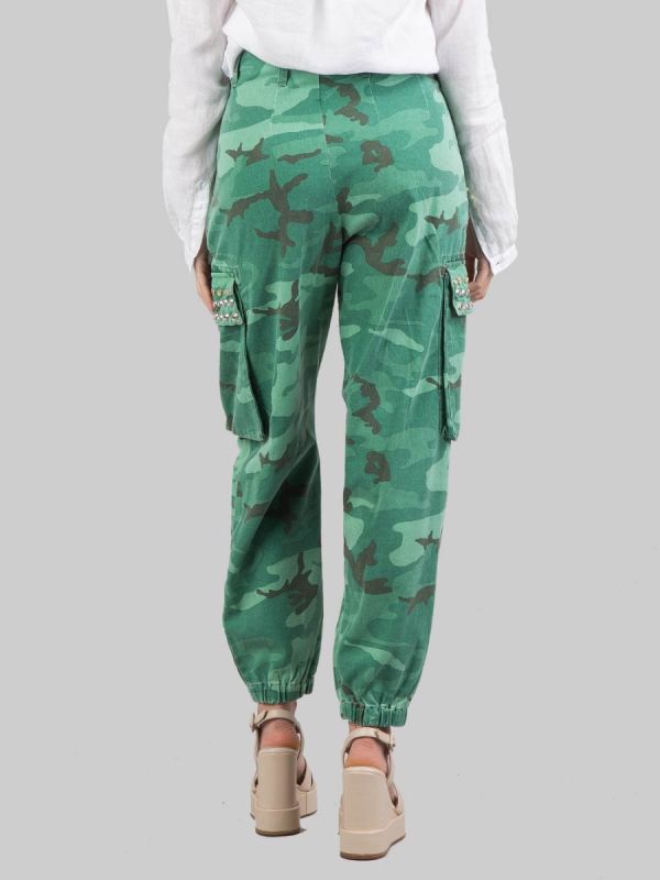 PANTALONI CARGO IN COTONE STAMPA MILITARE CON BORCHIE E STRASS