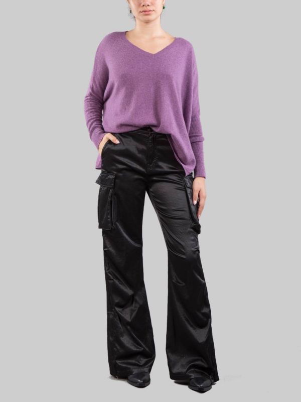 BLACK STRETCH SATIN CARGO PANTS