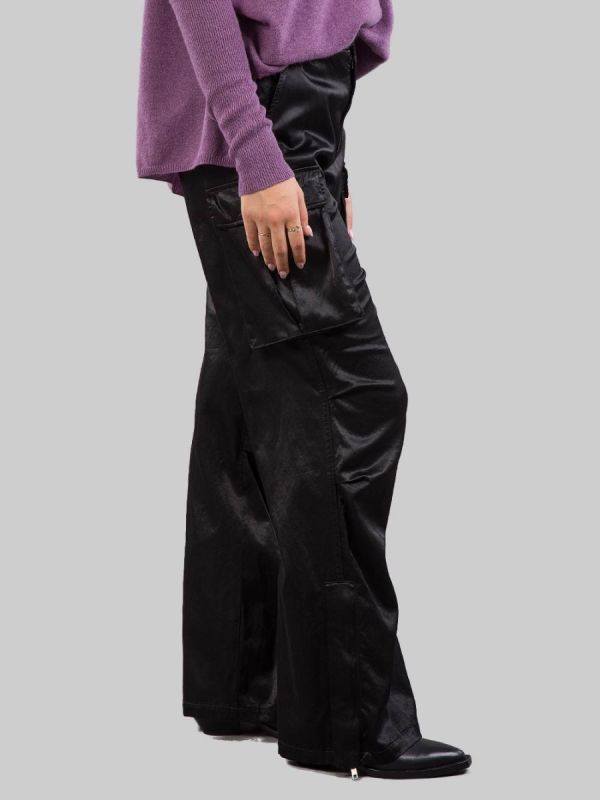 BLACK STRETCH SATIN CARGO PANTS