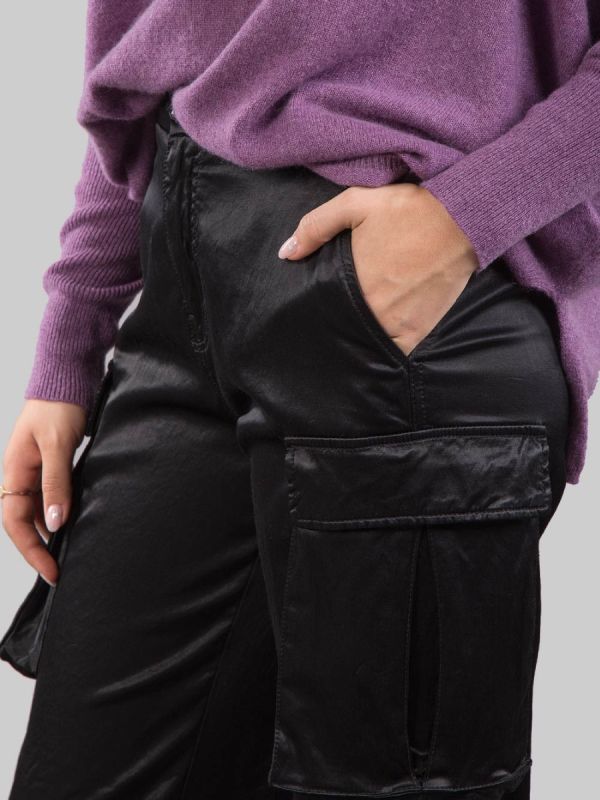 BLACK STRETCH SATIN CARGO PANTS