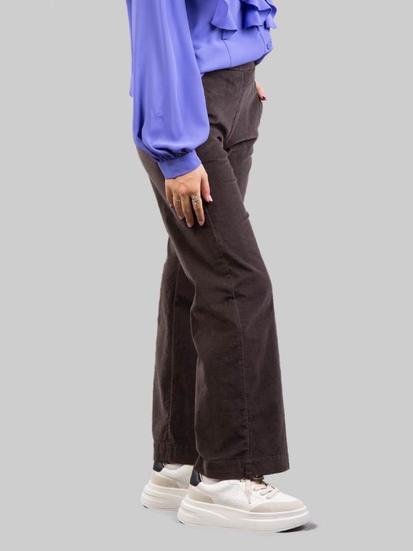 PANTALONI RELAXED CHINO A VITA ALTA MARRONE CAFFÈ IN VELLUTO ELASTICIZZATO