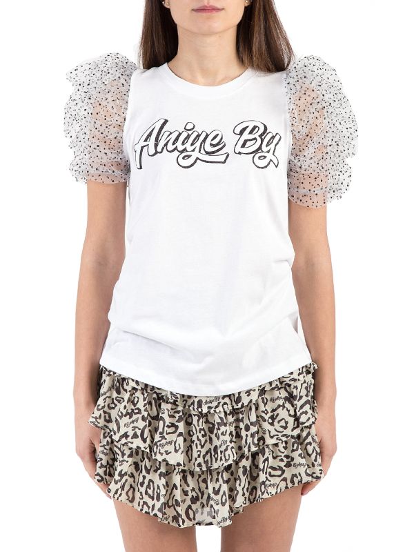 WHITE COTTON T-SHIRT WITH POLKA DOT TULLE SLEEVES