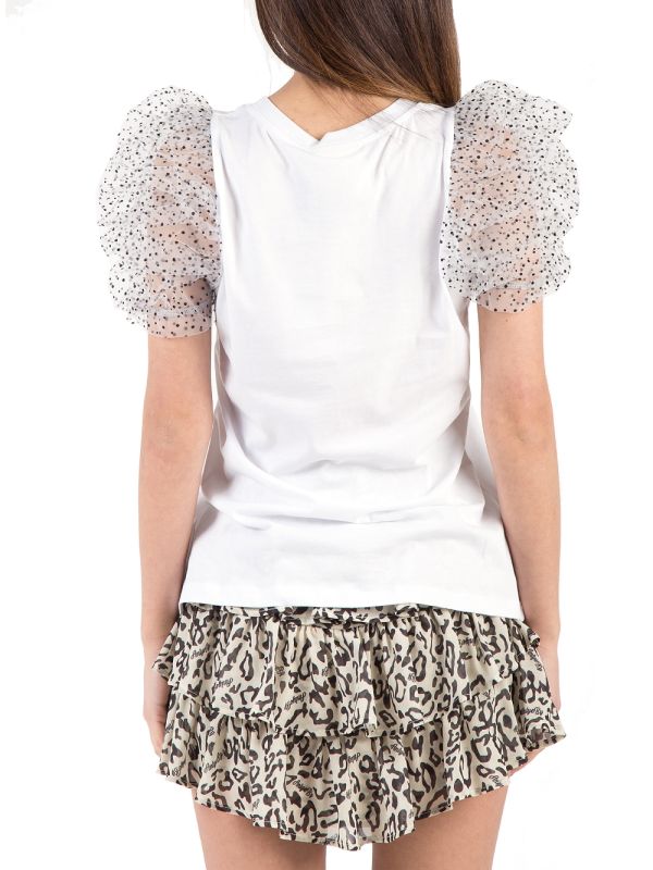 WHITE COTTON T-SHIRT WITH POLKA DOT TULLE SLEEVES