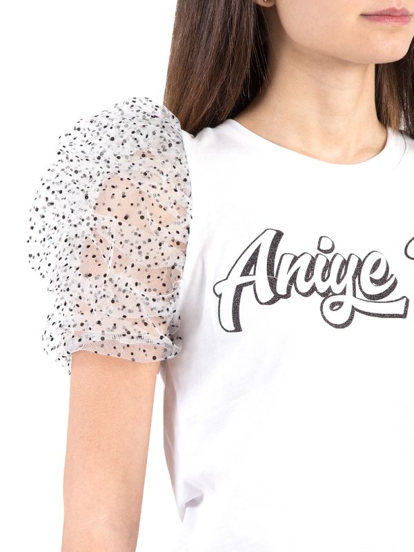 WHITE COTTON T-SHIRT WITH POLKA DOT TULLE SLEEVES