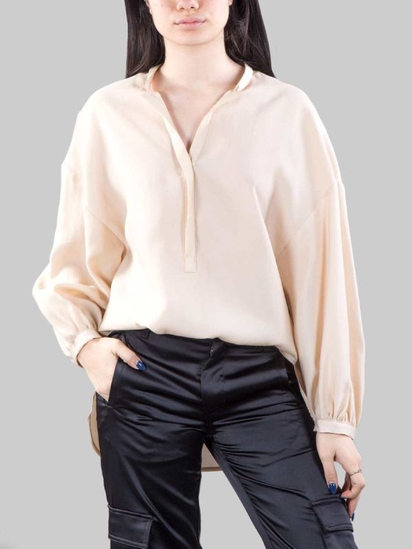 OVERSIZE KOREAN SHIRT IN FLUID SAND FABRIC