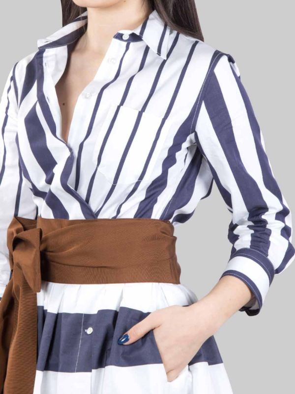 SHORT STRIPED COTTON CHEMISIER WITH WAIST BELT